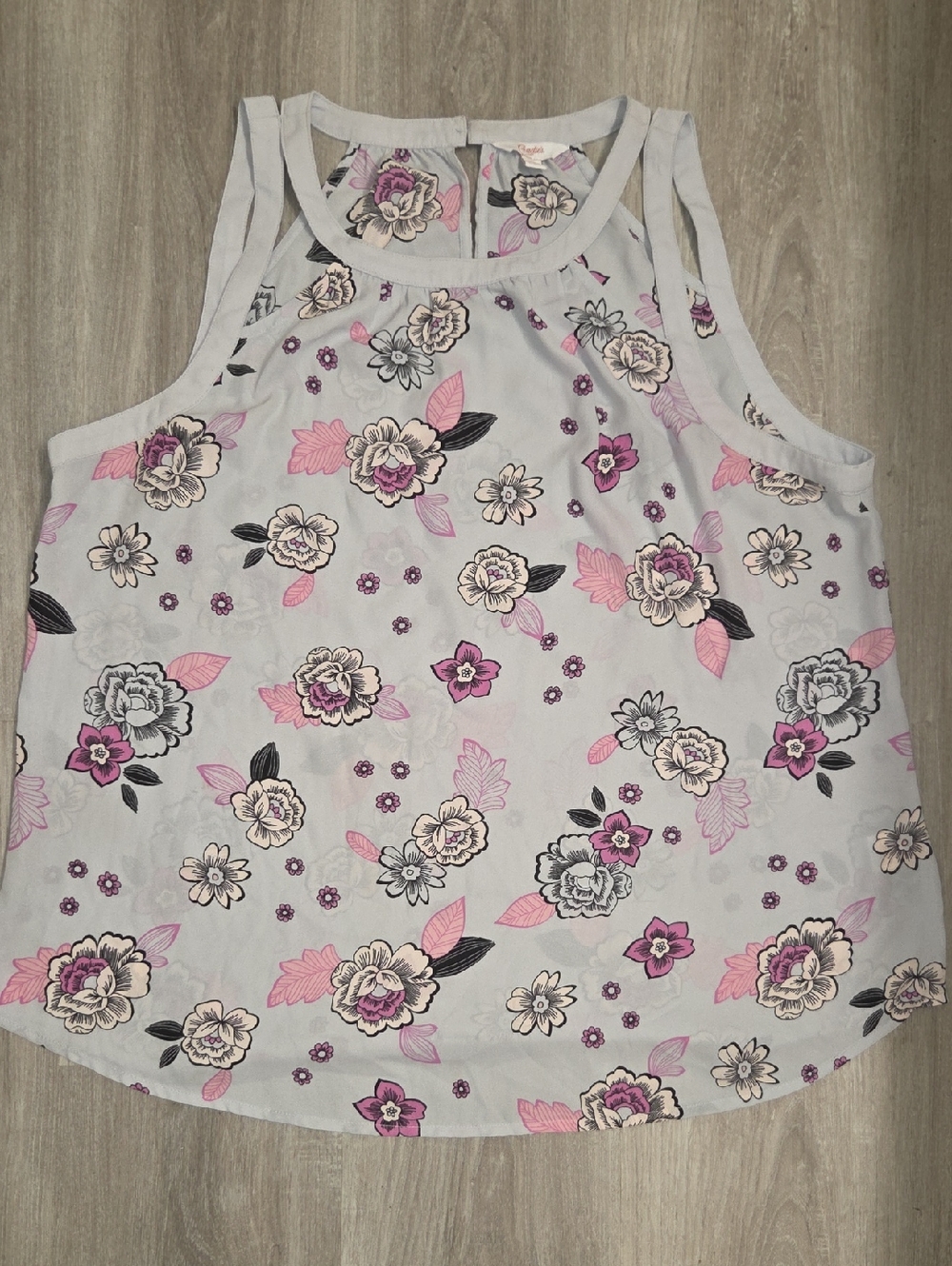 Floral Sleeveless Tank Top in Light Gray with Pink & Purple Flowers